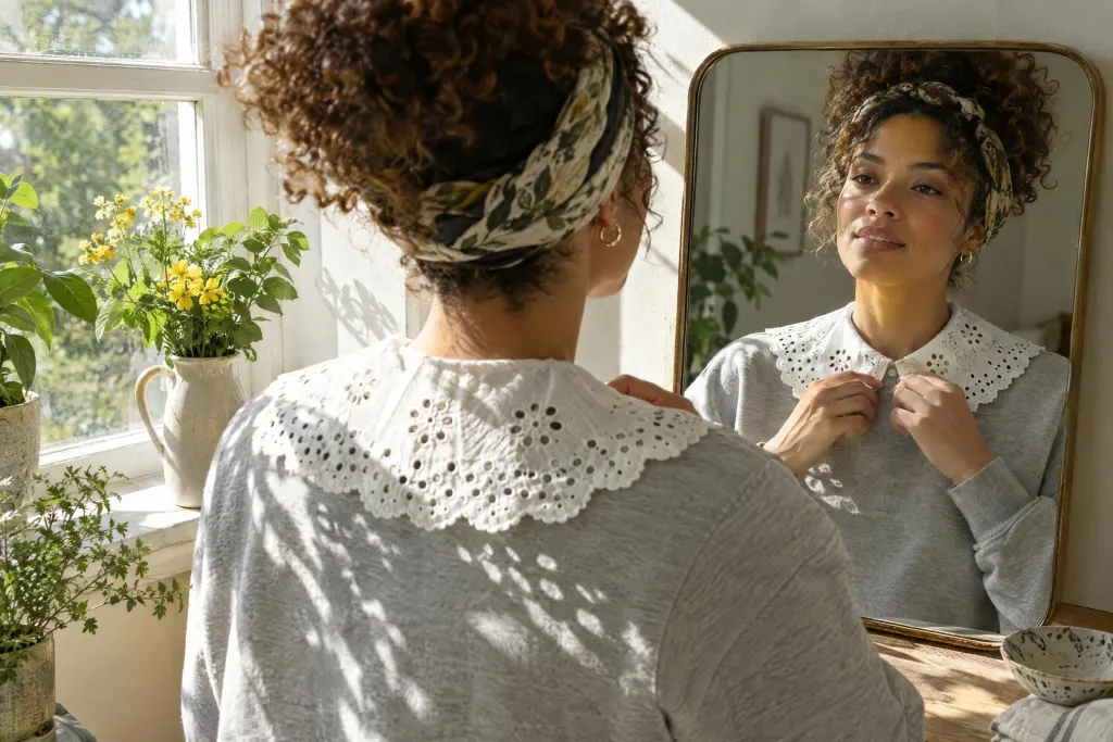 A woman fastening a detachable eyelet collar over a grey sweatshirt