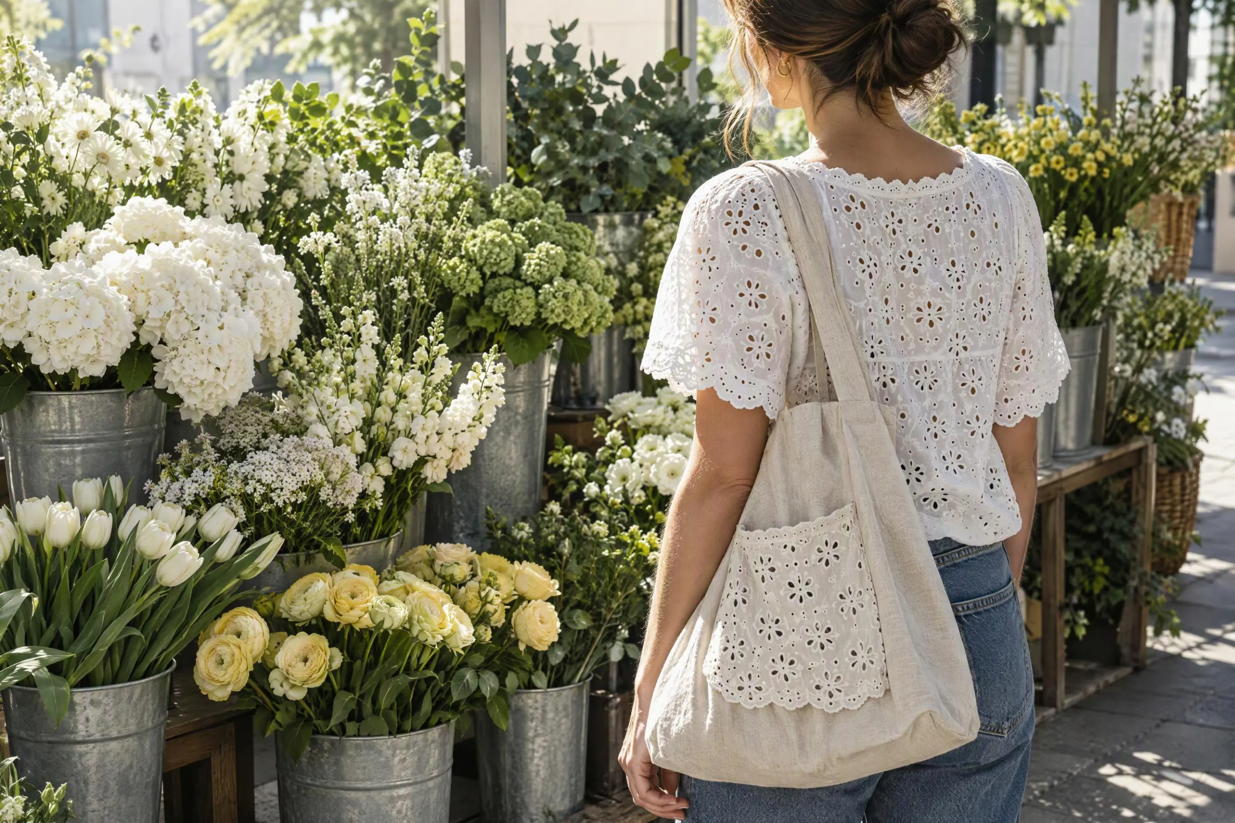 A woman at a flower market stall carrying a folding fabric tote