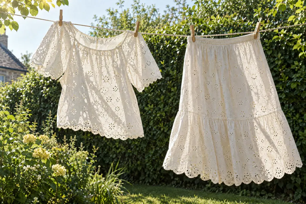 Eyelet tops and a scalloped skirt drying on a washing line in a garden