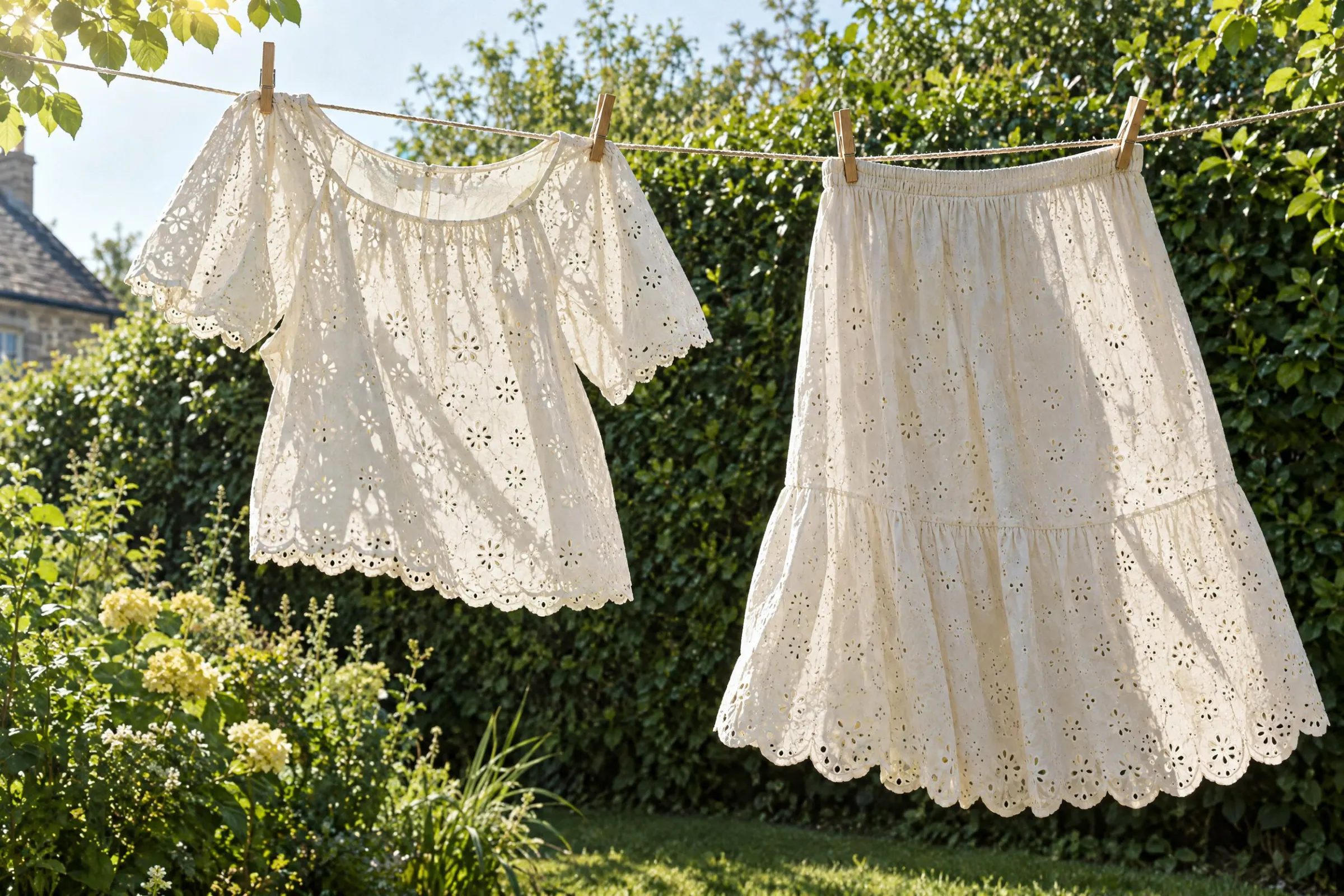 Eyelet tops and a scalloped skirt drying on a washing line in a garden