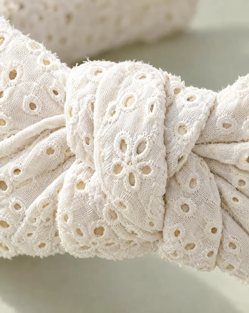 Close-up of the knot eyelet headband embroidery and finishing