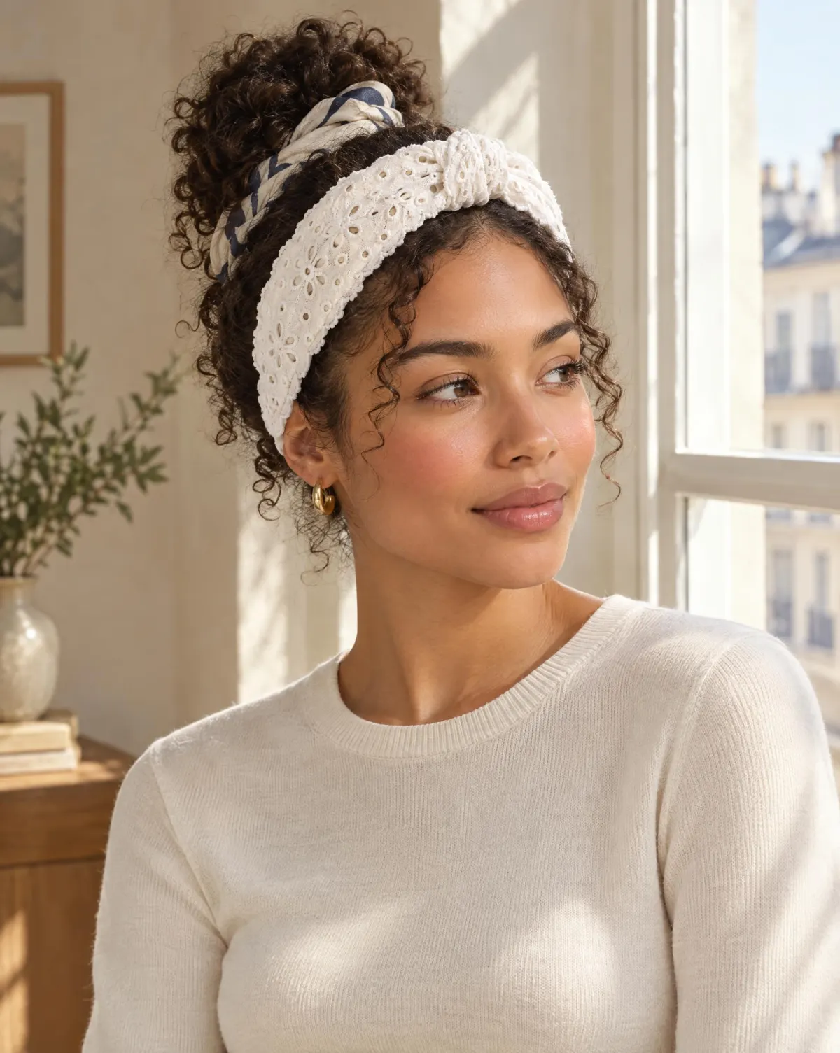 Knot Eyelet Headband in white, shown in use
