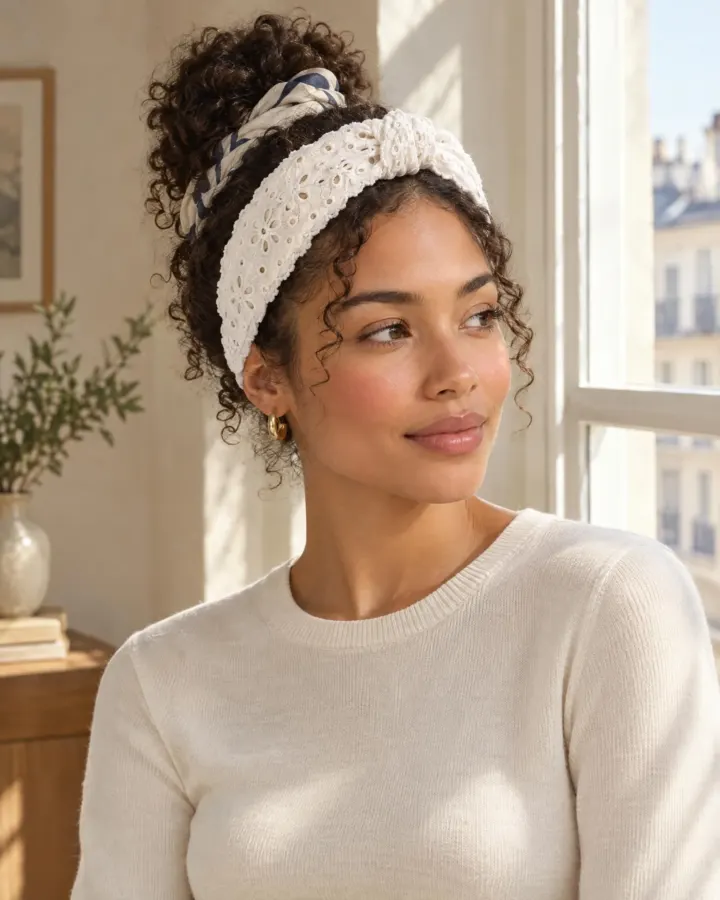 Knot Eyelet Headband in white, shown in use