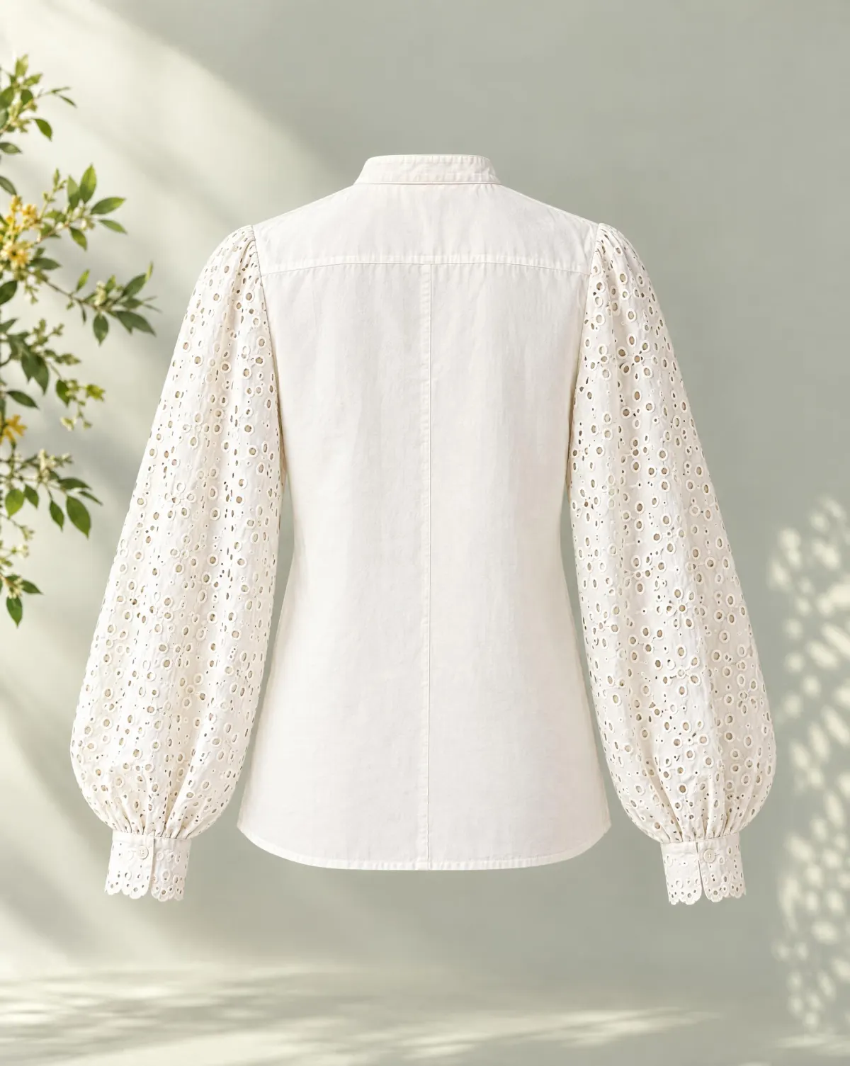 Lantern-Sleeve Stand-Collar Blouse in white, back view