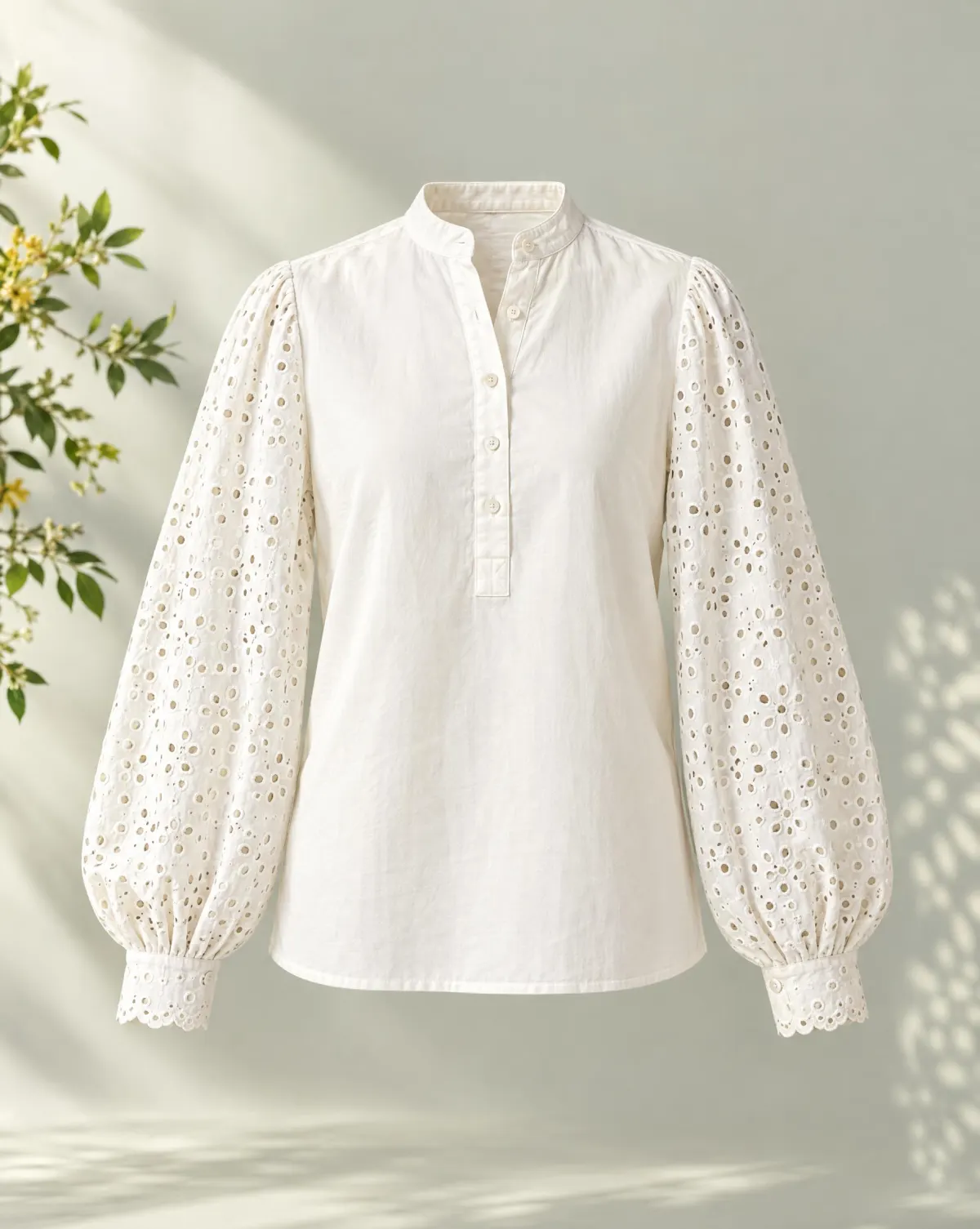 Lantern-Sleeve Stand-Collar Blouse in white, front view