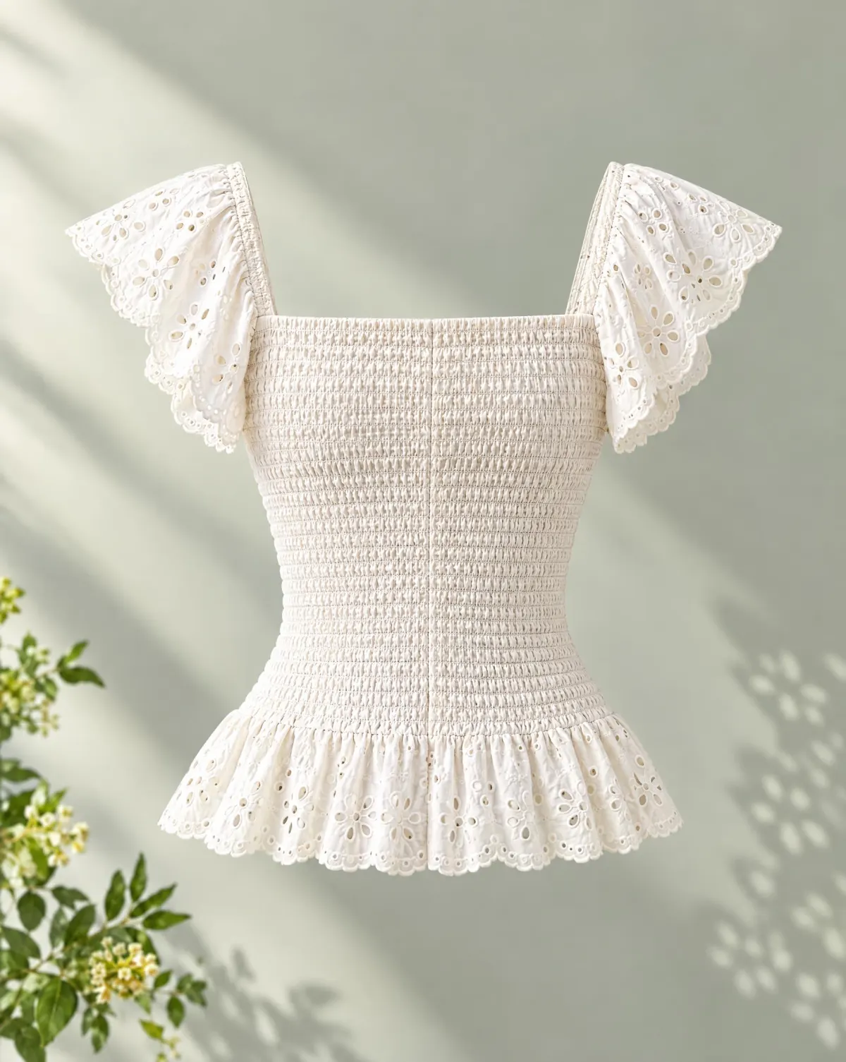 Lattice Smocked Top in white, back view