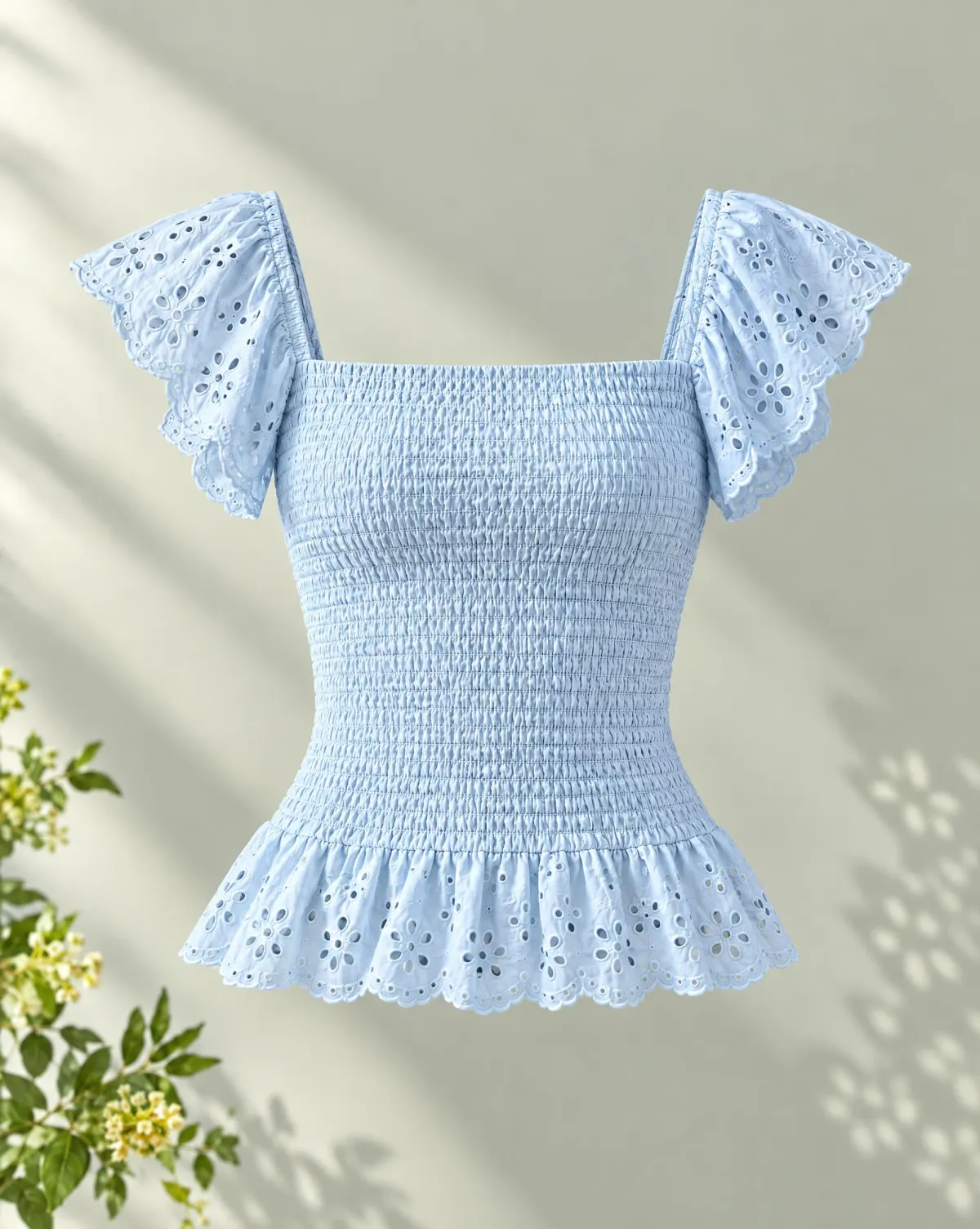 Lattice Smocked Top in sky blue, front view