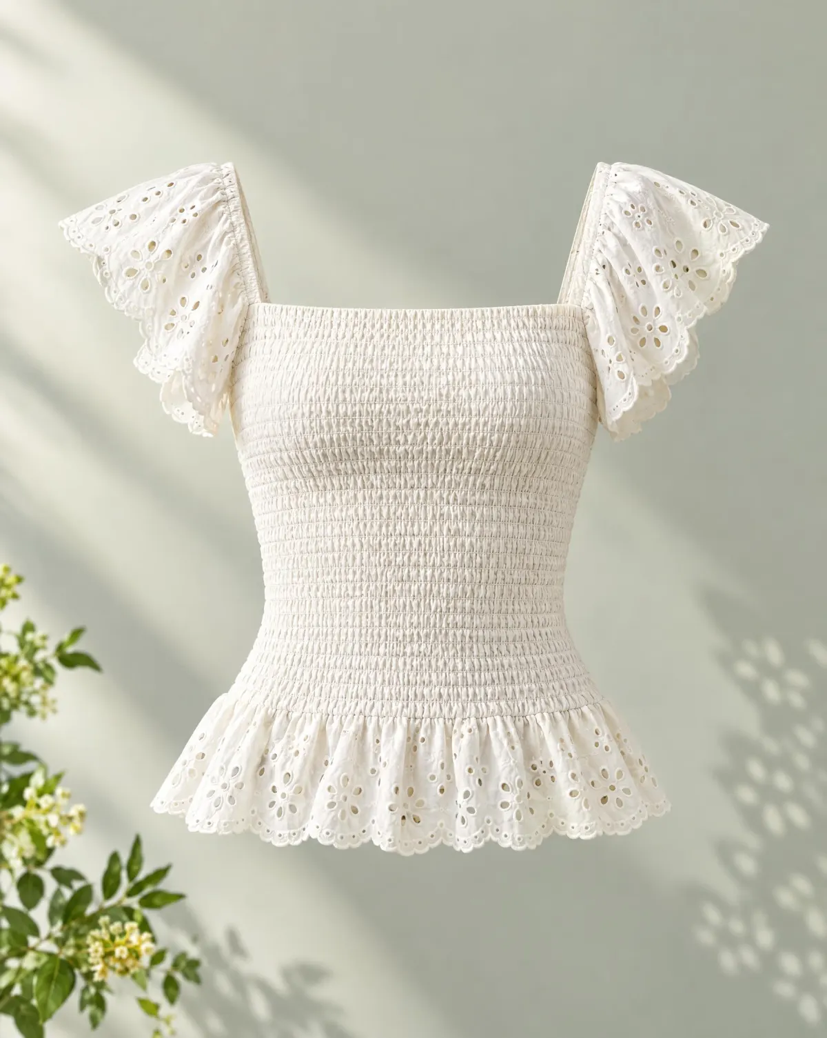 Lattice Smocked Top in white, front view