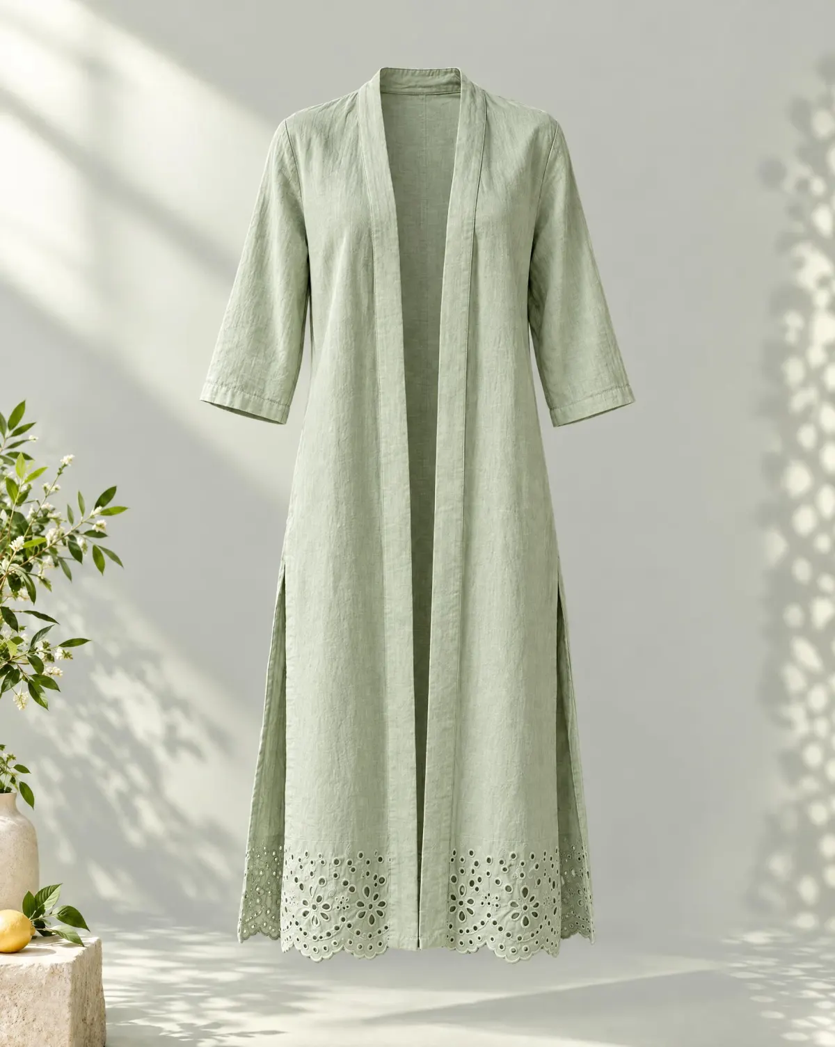 Long Duster Layer in sage green, front view