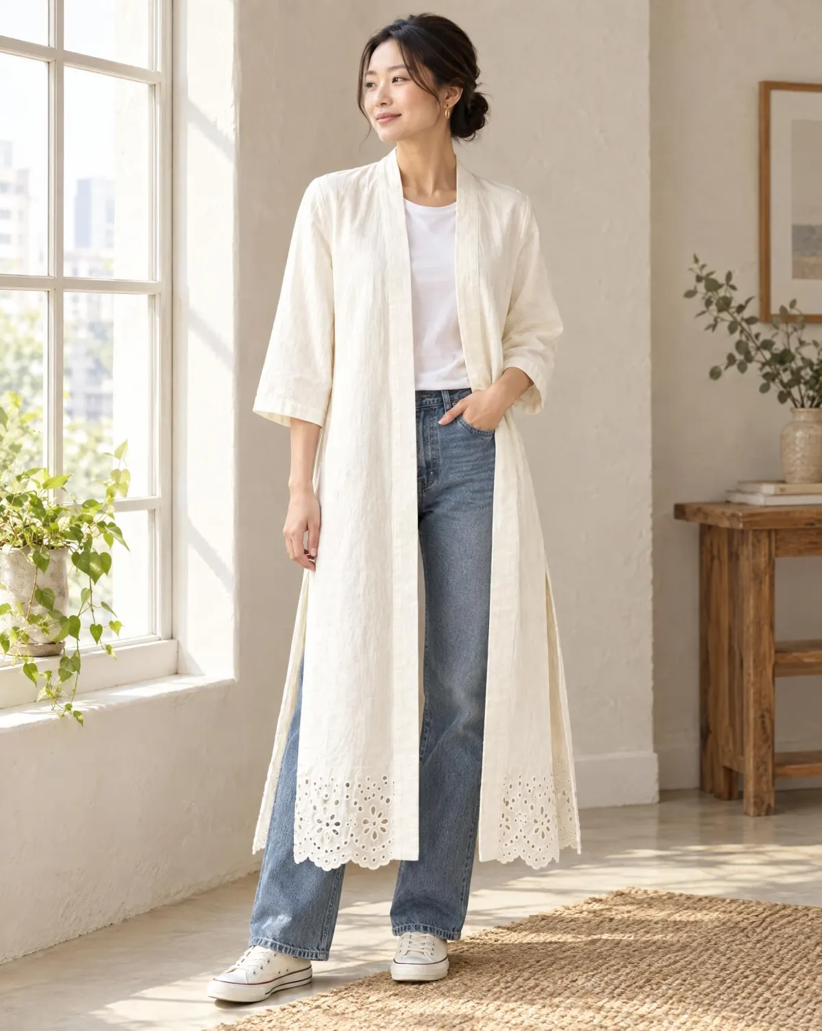 Long Duster Layer in white, worn with jeans