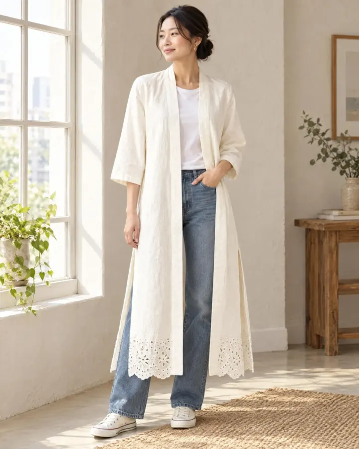 Long Duster Layer in white, worn with jeans