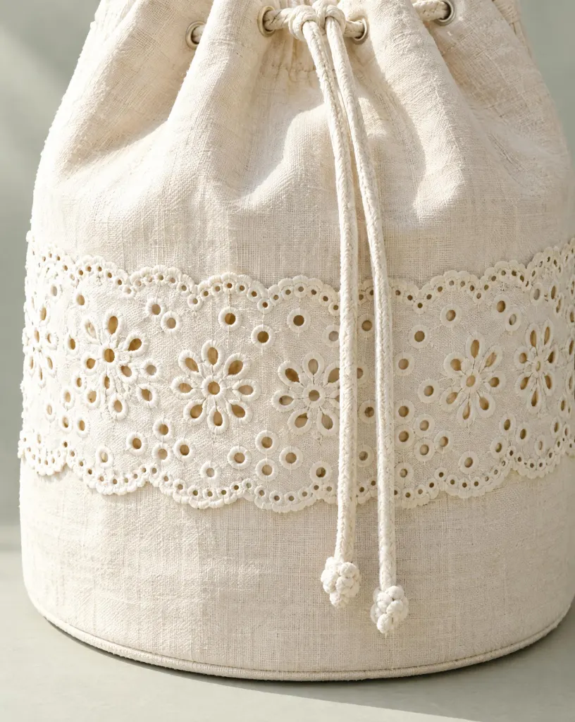 Close-up of the market bucket bag embroidery and finishing