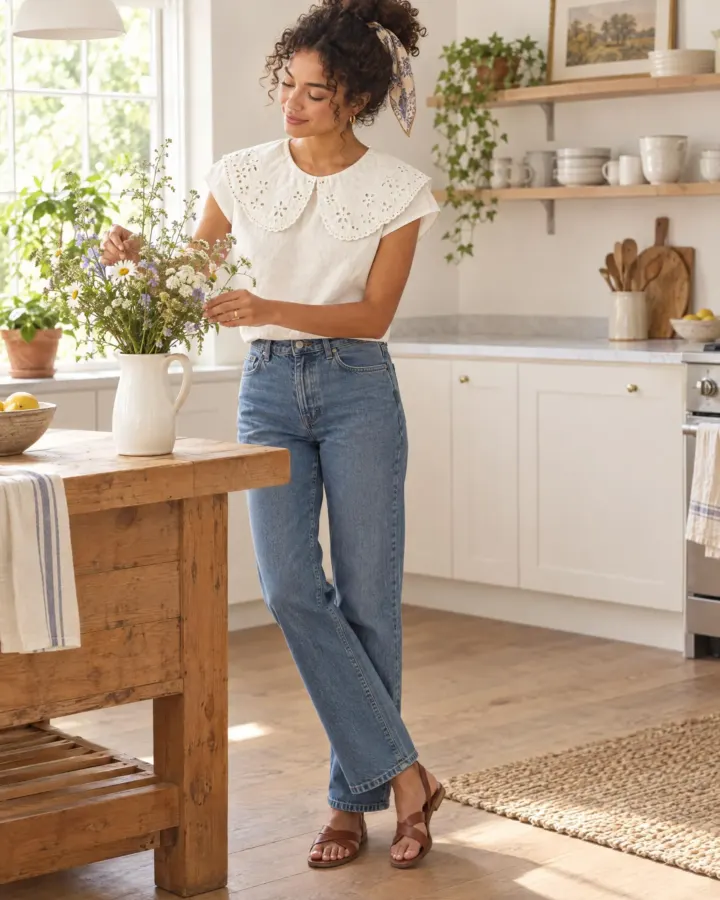 Meadow Big-Collar Blouse in white, worn with jeans