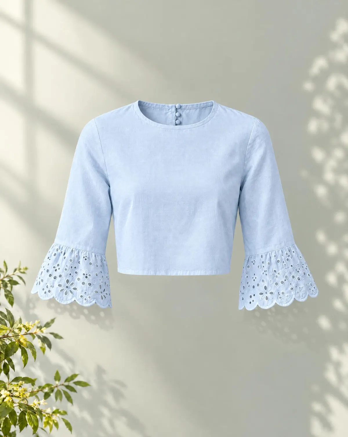 Petal Scallop-Cuff Crop Top in sky blue, front view