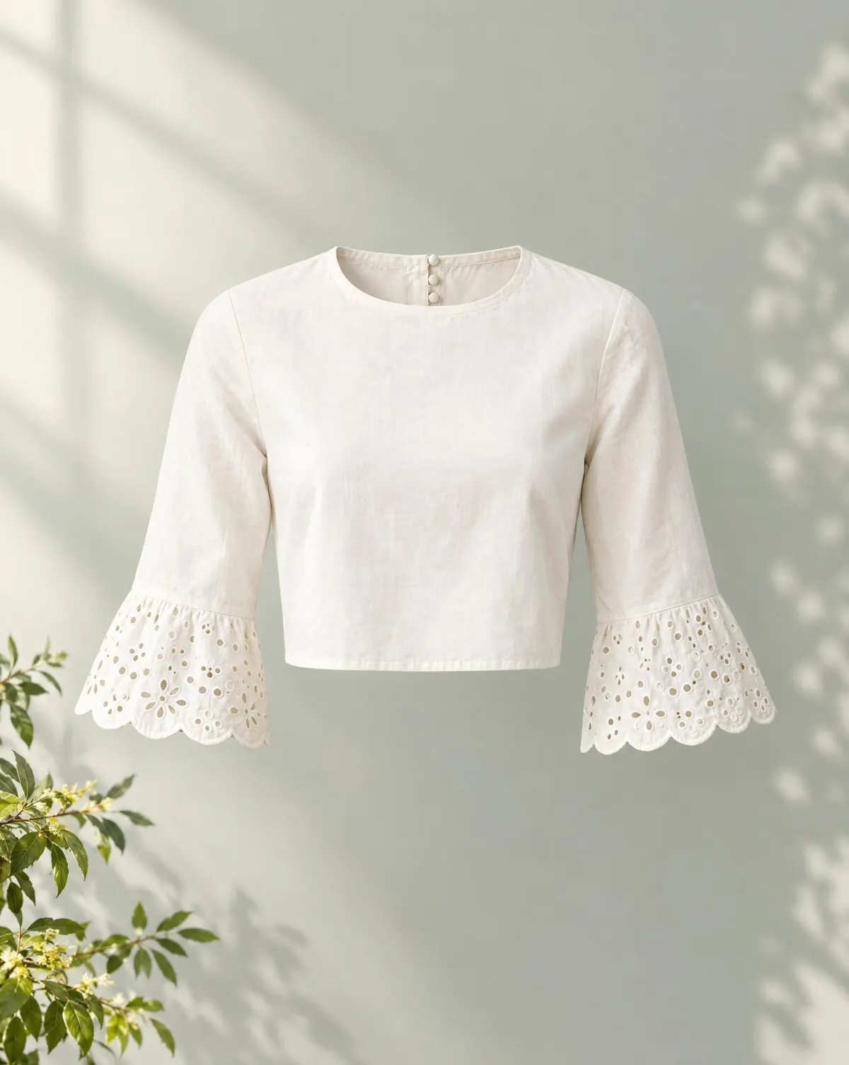 Petal Scallop-Cuff Crop Top in white, front view