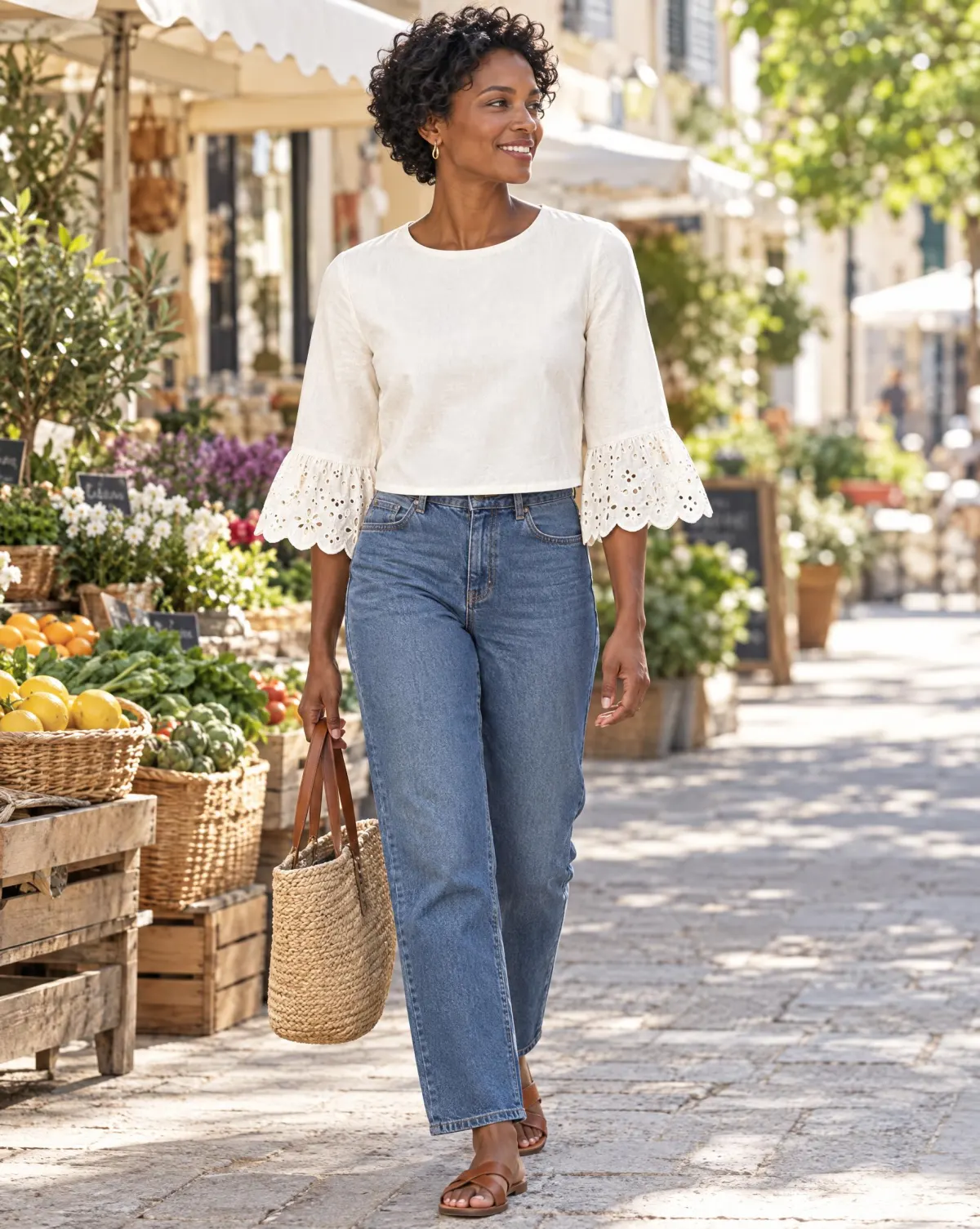 Petal Scallop-Cuff Crop Top in white, worn with jeans