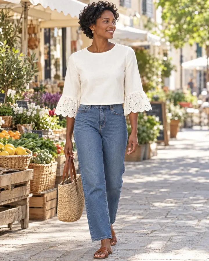 Petal Scallop-Cuff Crop Top in white, worn with jeans