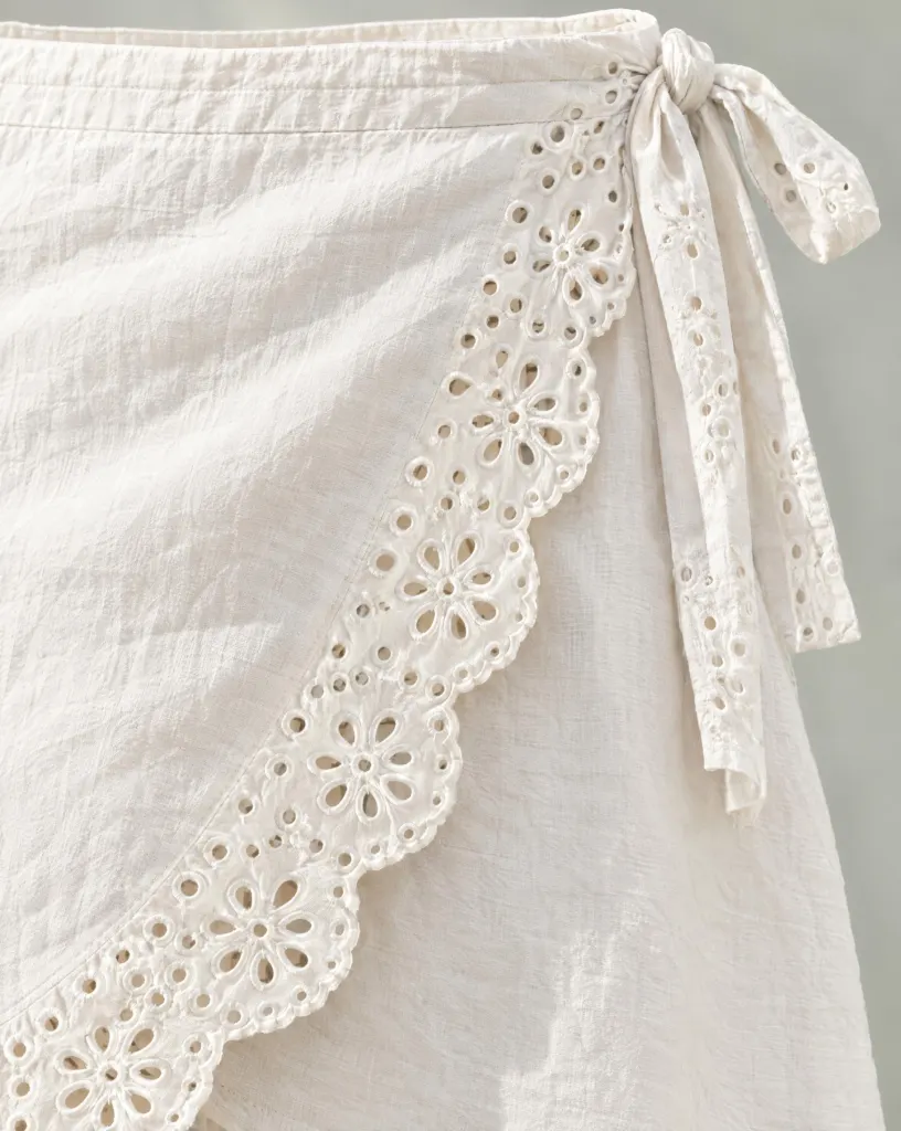 Close-up of the petal wrap mini skirt embroidery and finishing