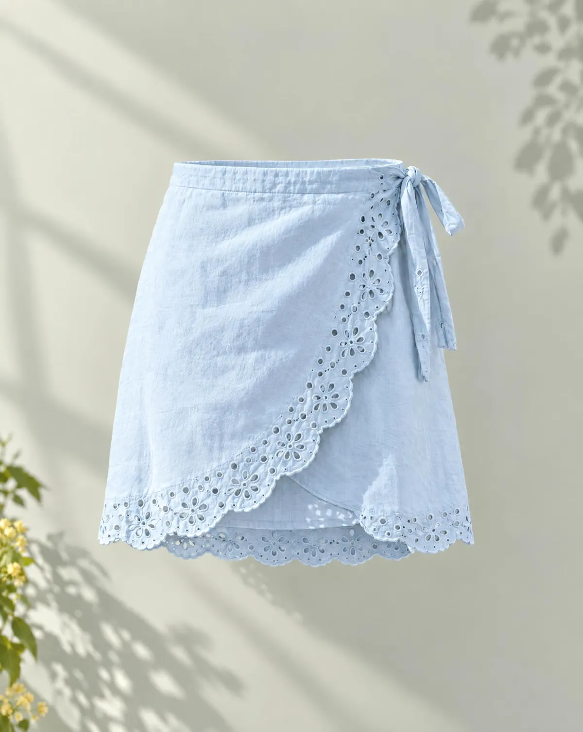 Petal Wrap Mini Skirt in sky blue, front view