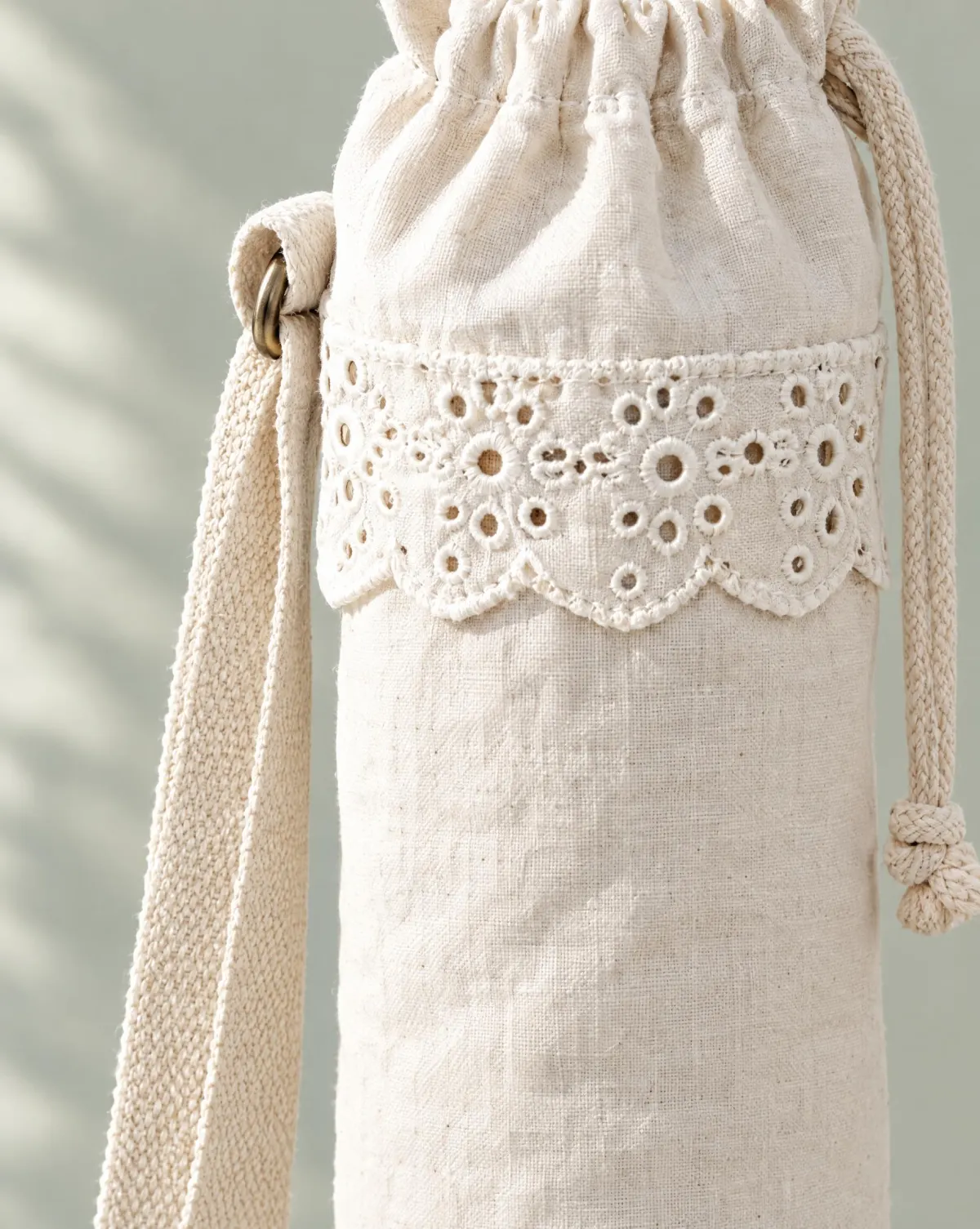 Close-up of the picnic bottle sling embroidery and finishing