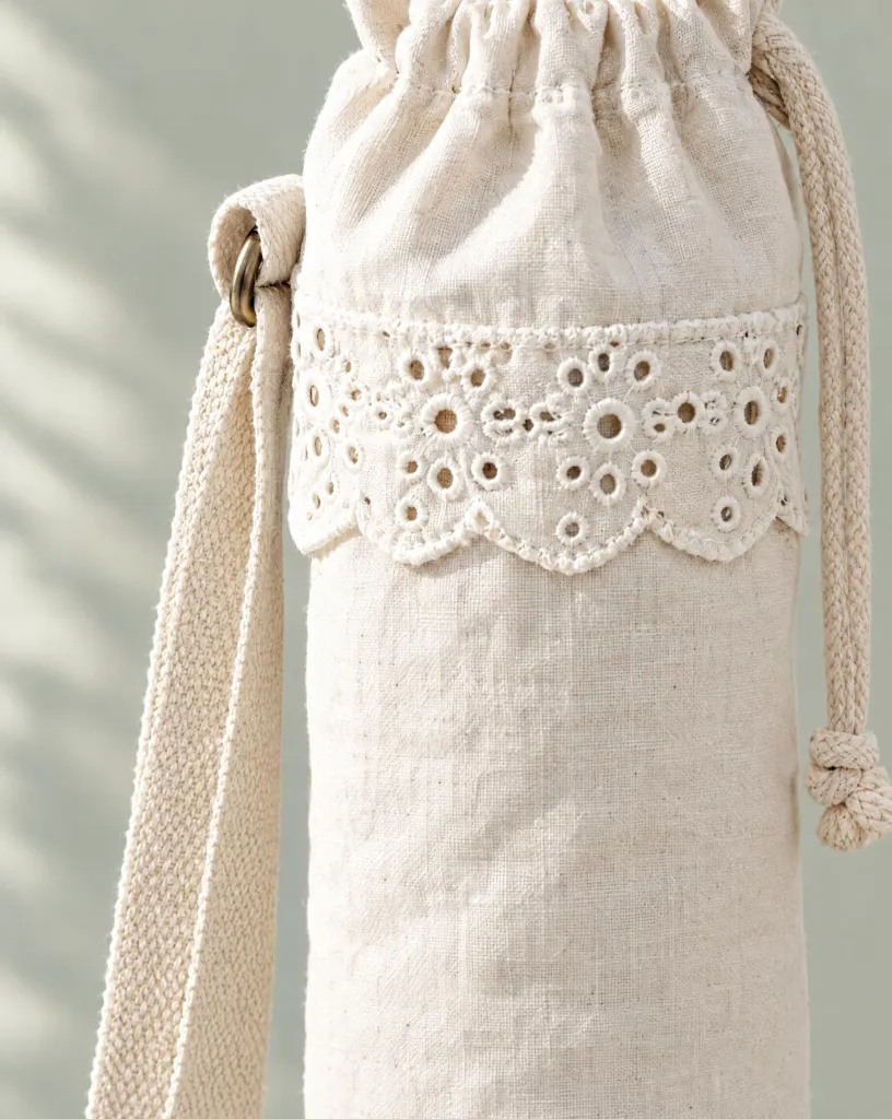Close-up of the picnic bottle sling embroidery and finishing