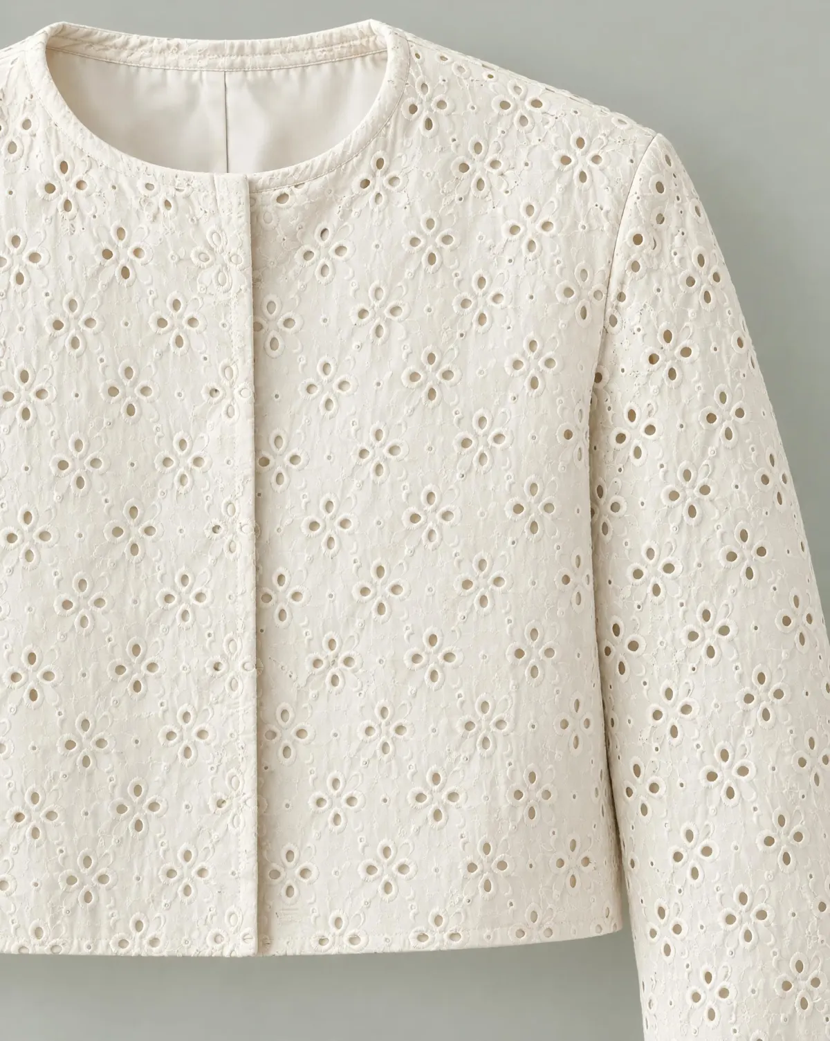 Close-up of the porch cropped jacket embroidery and finishing