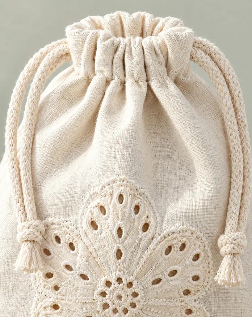 Close-up of the posy drawstring pouch embroidery and finishing