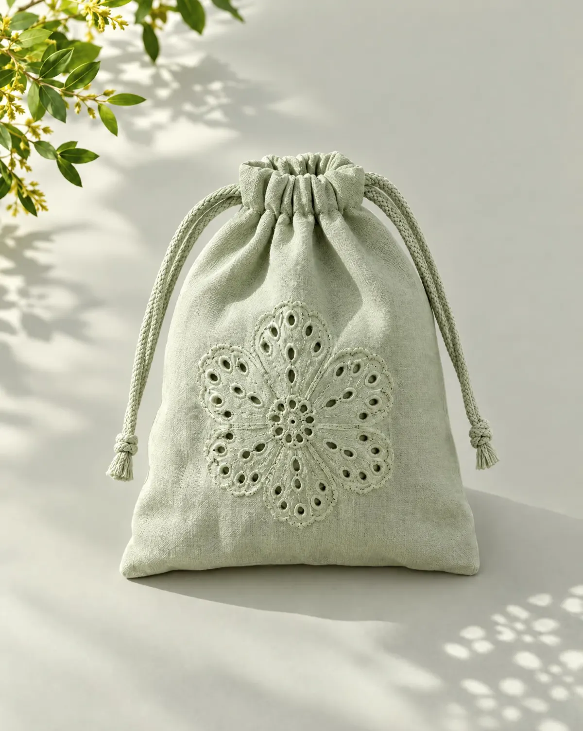 Posy Drawstring Pouch in sage green, front view