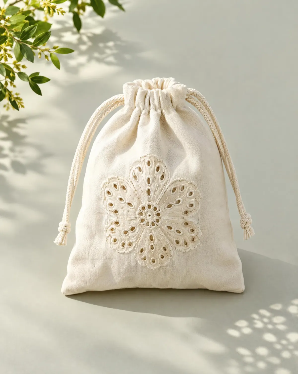 Posy Drawstring Pouch in white, front view