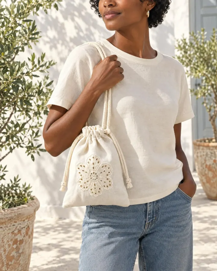 Posy Drawstring Pouch in white, shown in use