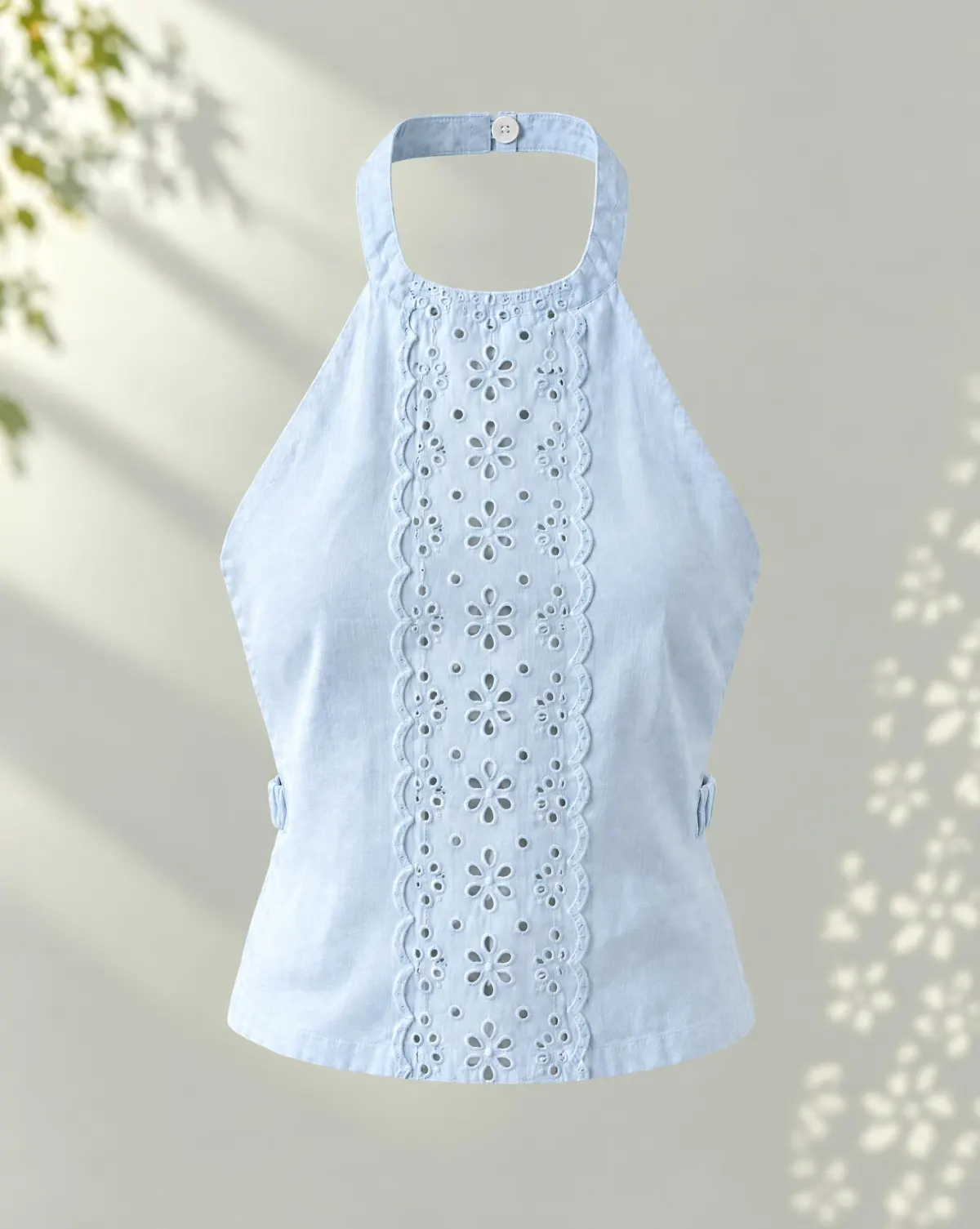 Posy Halter Top in sky blue, front view