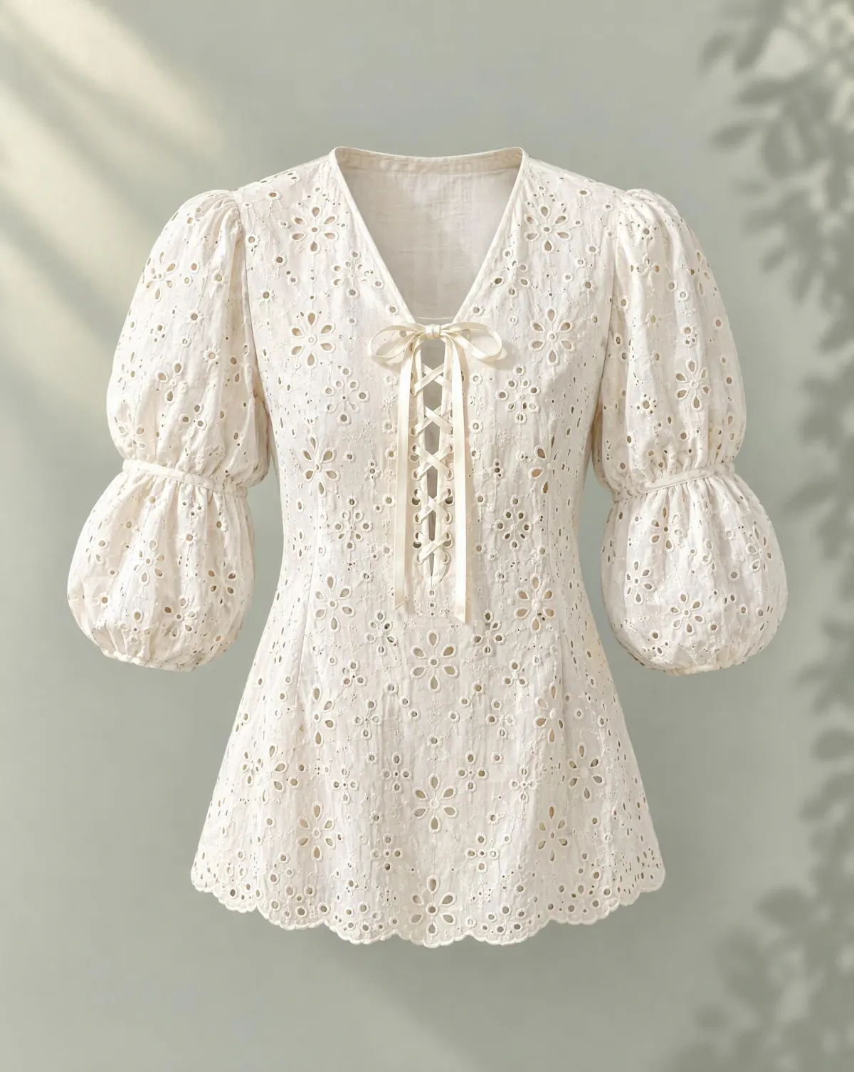 Ribbon Lace-Up Blouse in white, front view