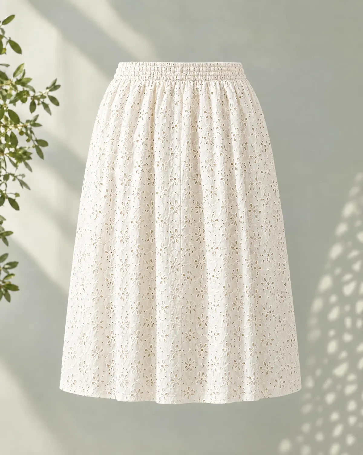 Ribbon-Waist Knee Skirt in white, back view