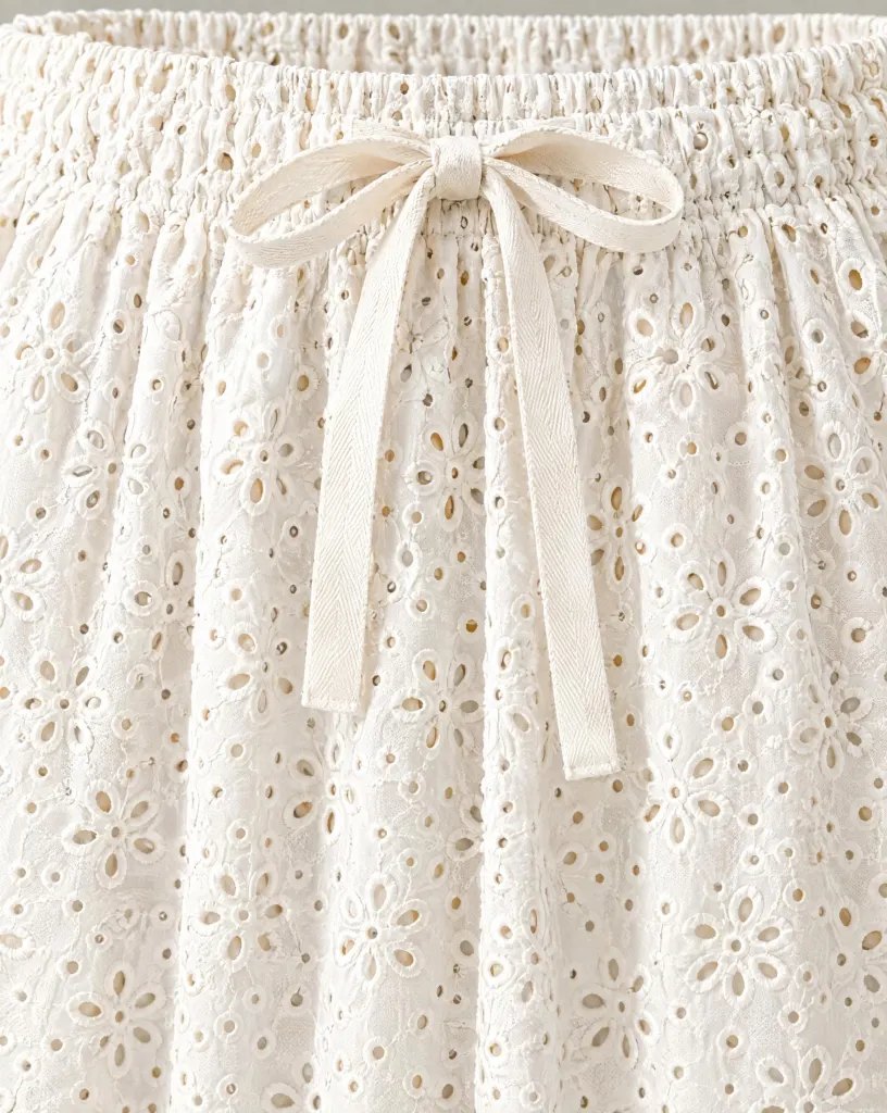 Close-up of the ribbon-waist knee skirt embroidery and finishing