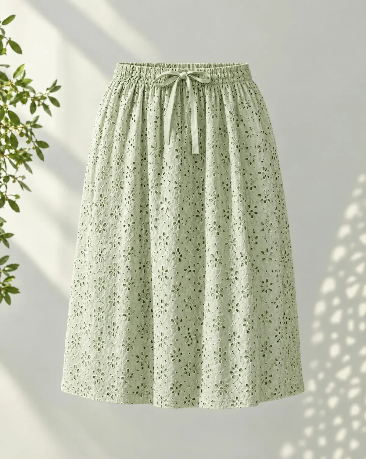 Ribbon-Waist Knee Skirt in sage green, front view