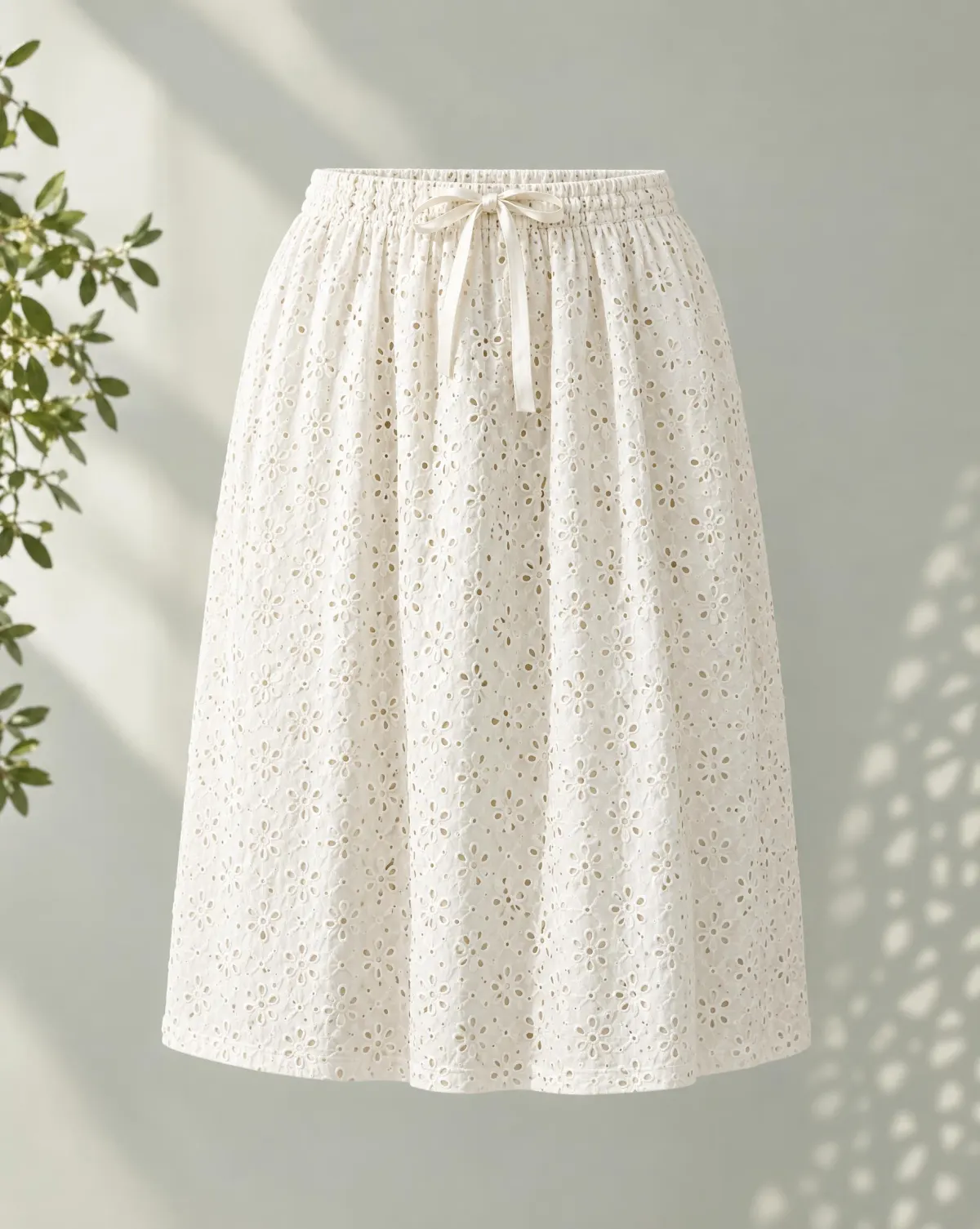 Ribbon-Waist Knee Skirt in white, front view