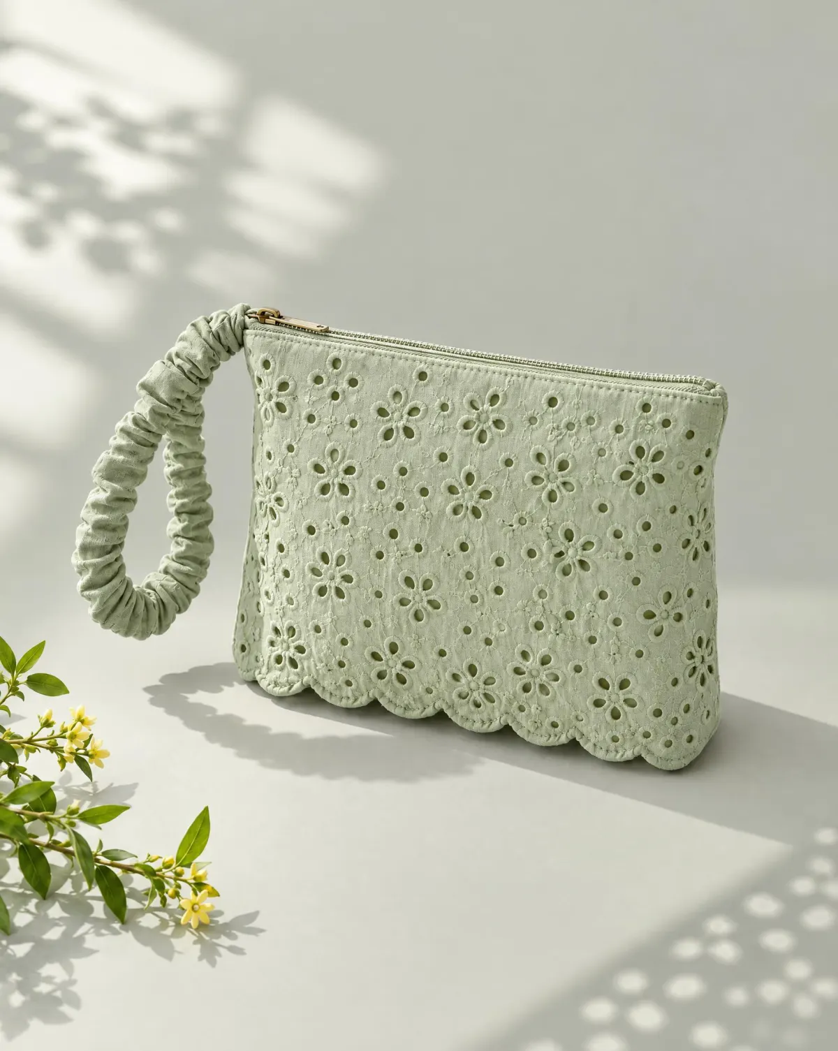 Ruched-Handle Wristlet in sage green, front view