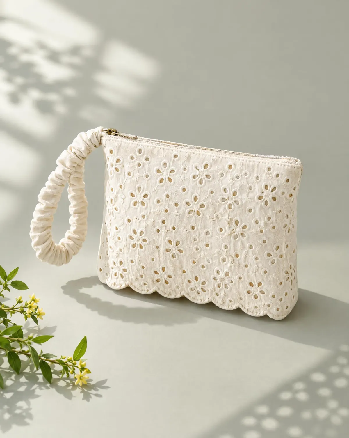 Ruched-Handle Wristlet in white, front view