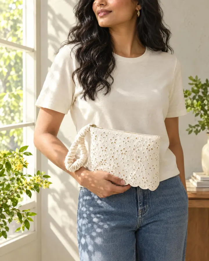 Ruched-Handle Wristlet in white, shown in use