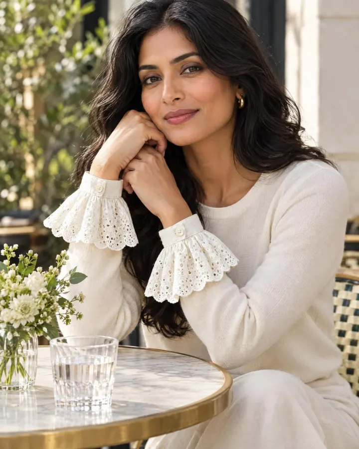 Ruffle Cuff Pair in white, shown in use