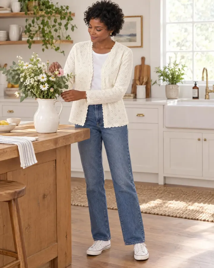 Scallop-Edge Button Layer in white, worn with jeans