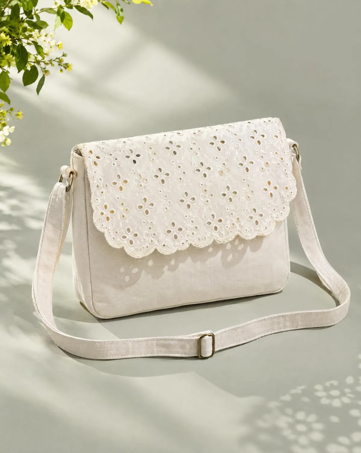 Scallop-Flap Crossbody in white, front view