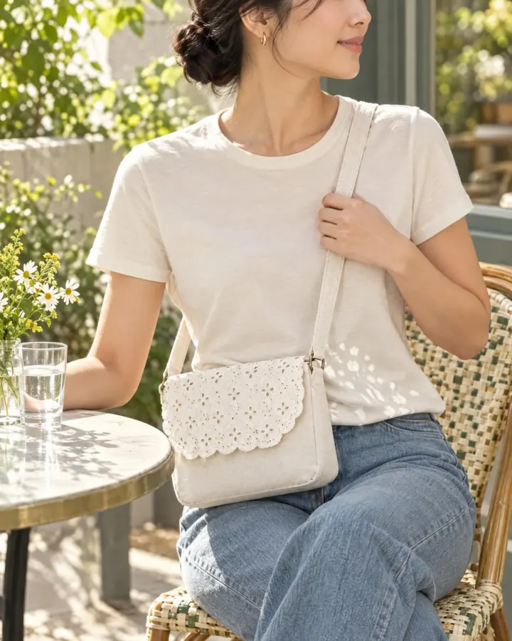 Scallop-Flap Crossbody in white, shown in use