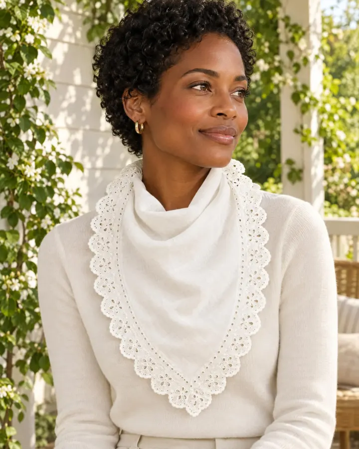 Scallop Hair Scarf in white, shown in use