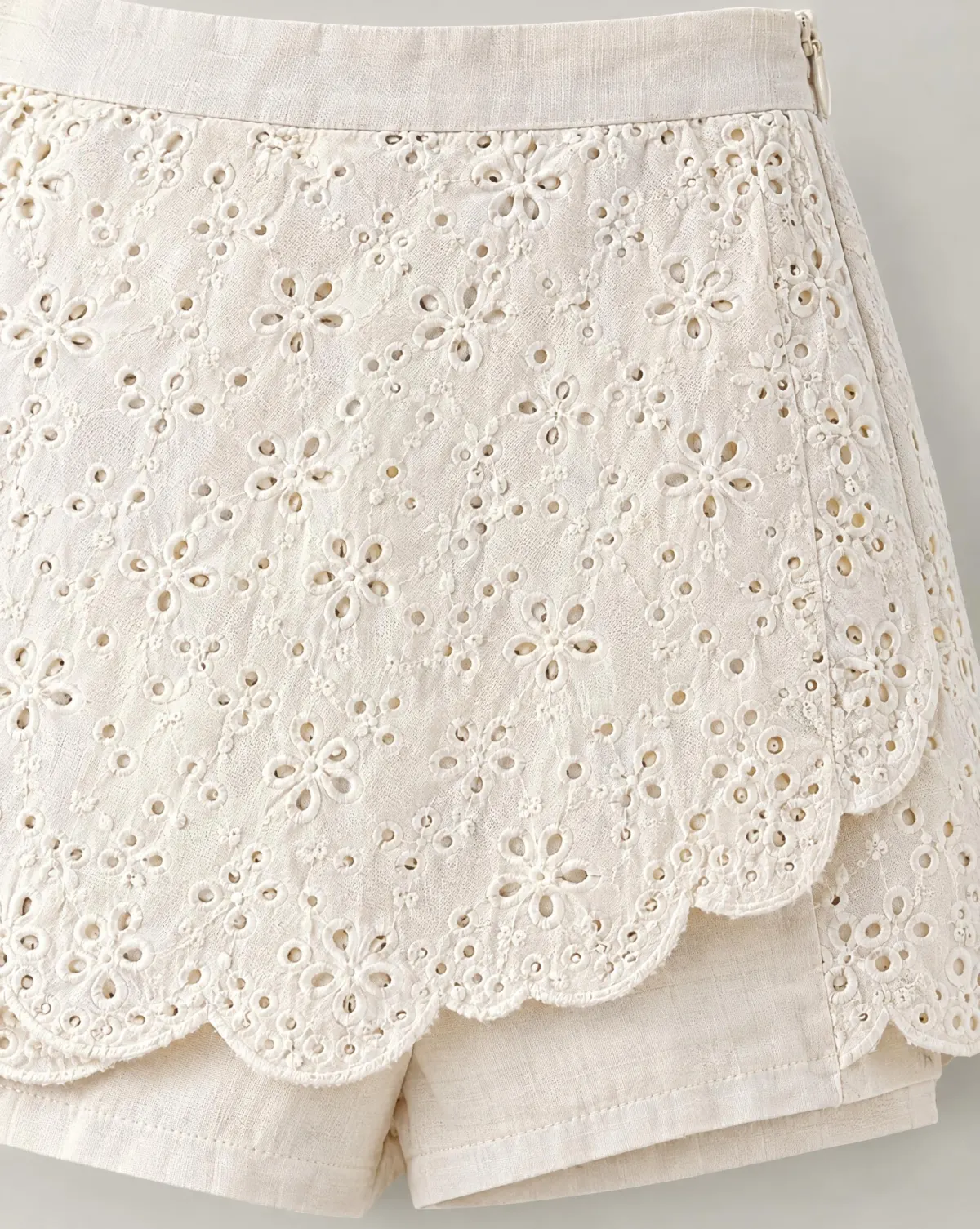 Close-up of the scallop overlay skort embroidery and finishing