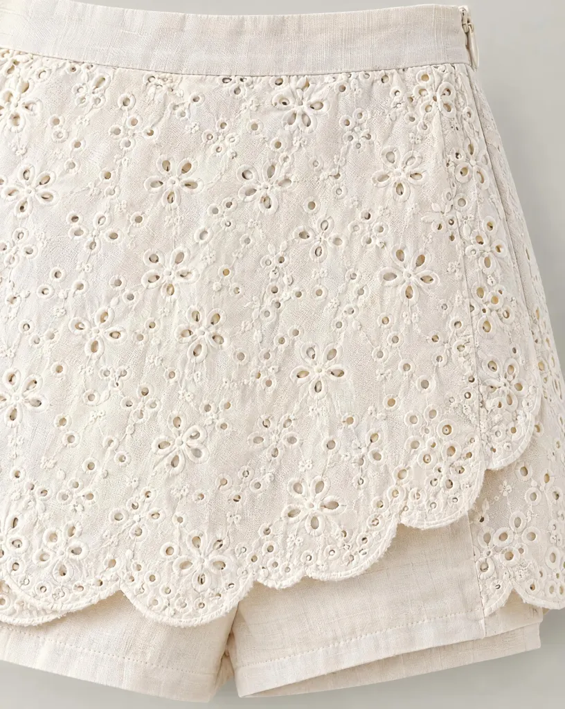 Close-up of the scallop overlay skort embroidery and finishing