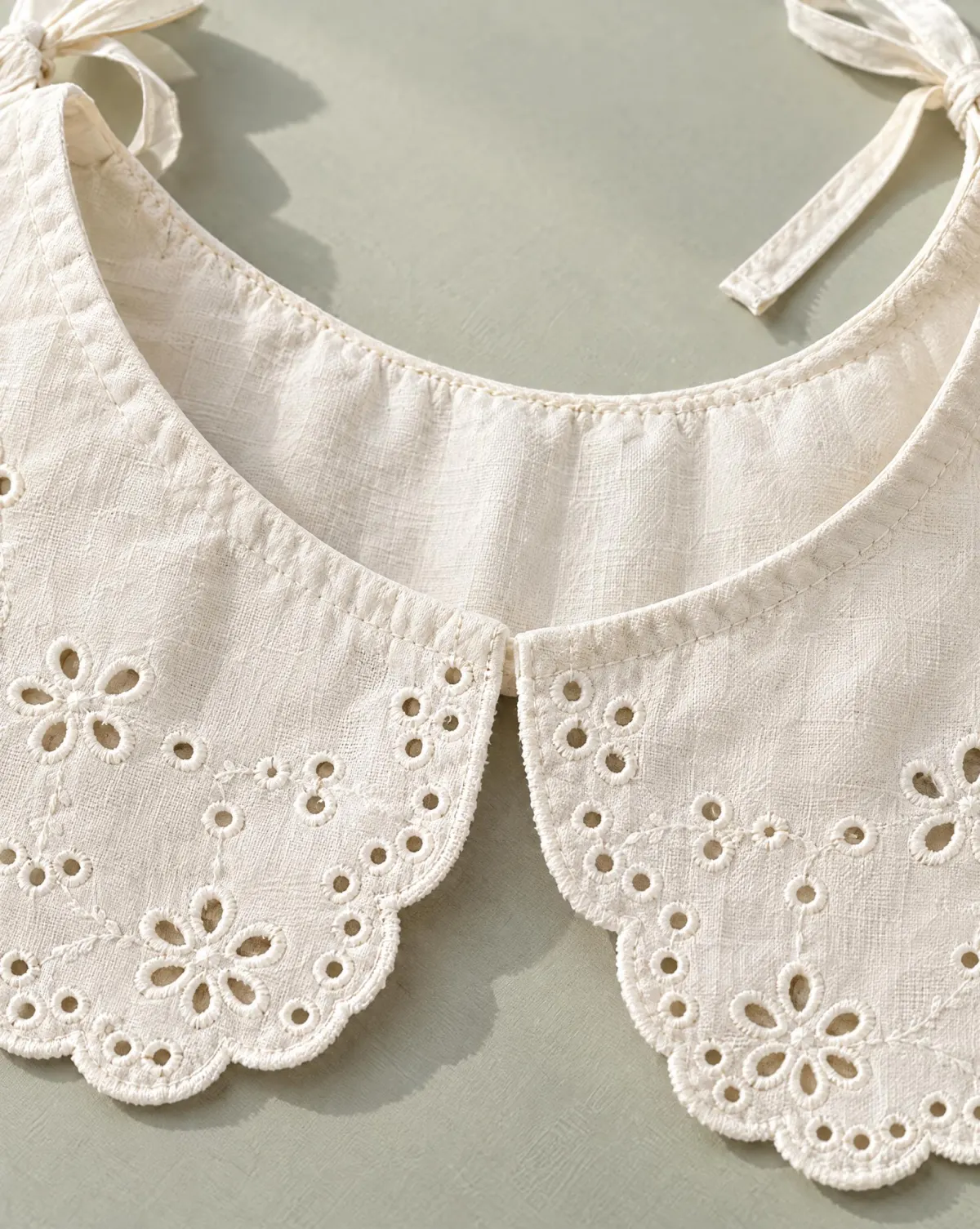 Close-up of the scallop round collar embroidery and finishing