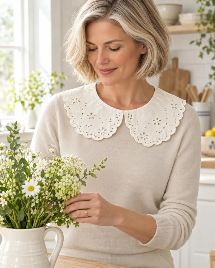 Scallop Round Collar in white, shown in use
