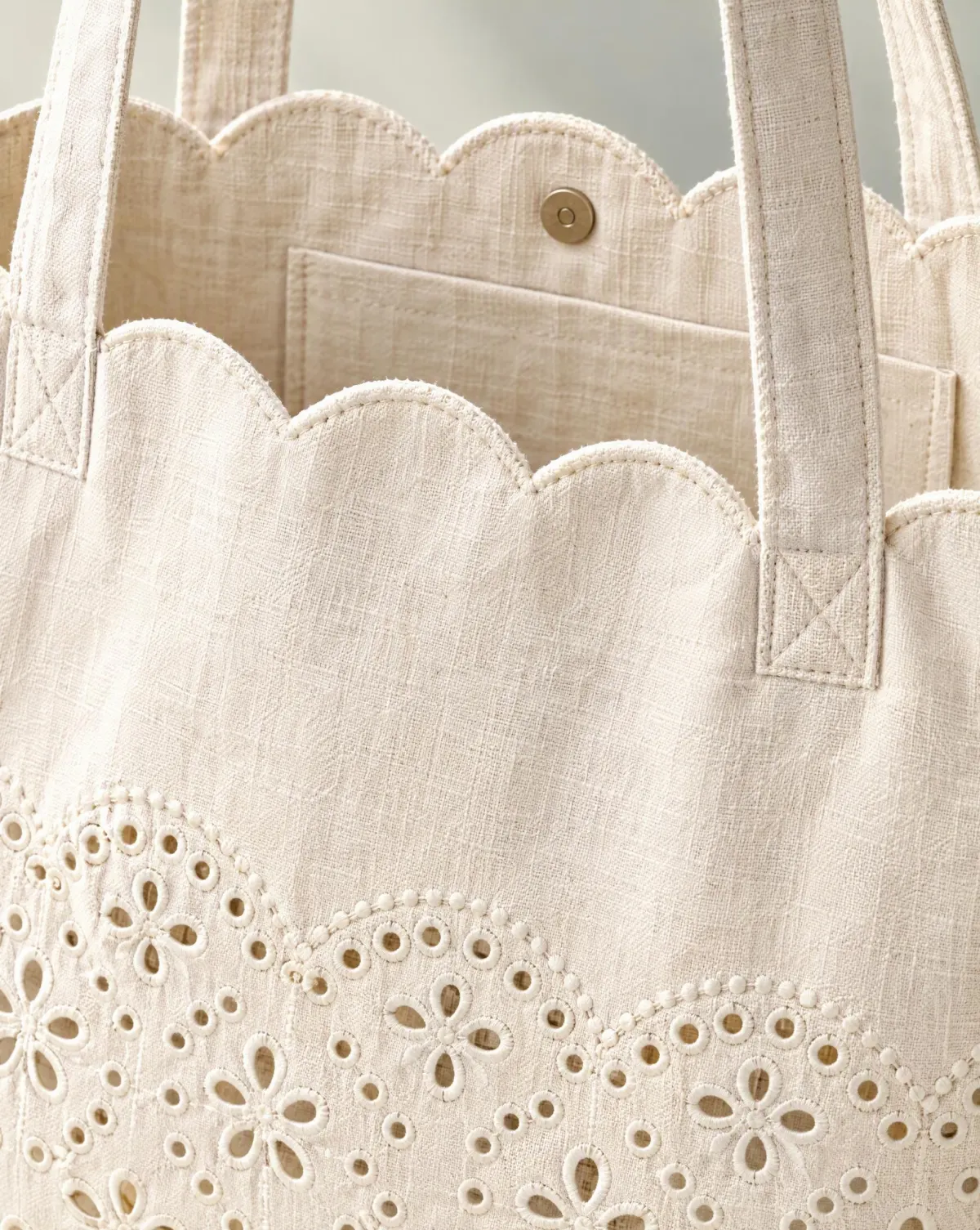 Close-up of the scallop-top tote embroidery and finishing