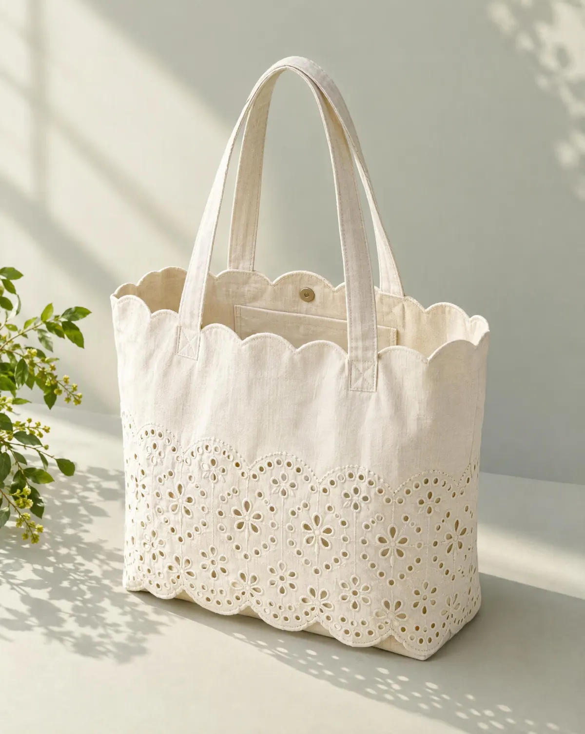 Scallop-Top Tote in white, front view